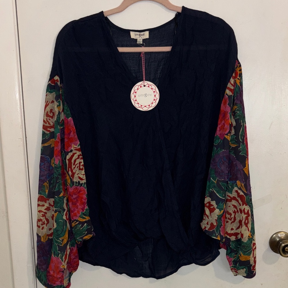 Umgee Navy Top with Colorful Floral Sleeves